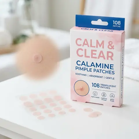 Illustration of a calamine pimple patch pack with small pink round patches.
