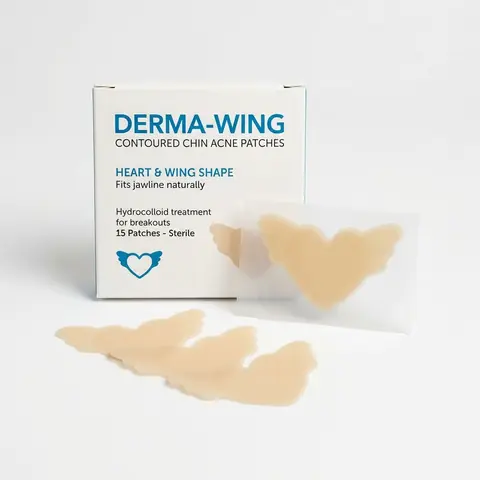 Illustration of contoured chin pimple patches next to a box.