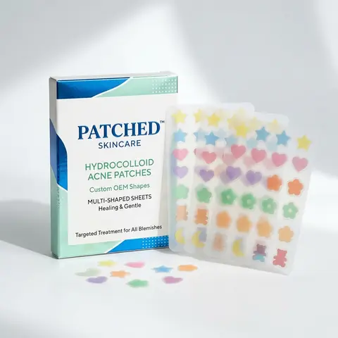 Illustration of a pack of multi-shaped colorful pimple patches.