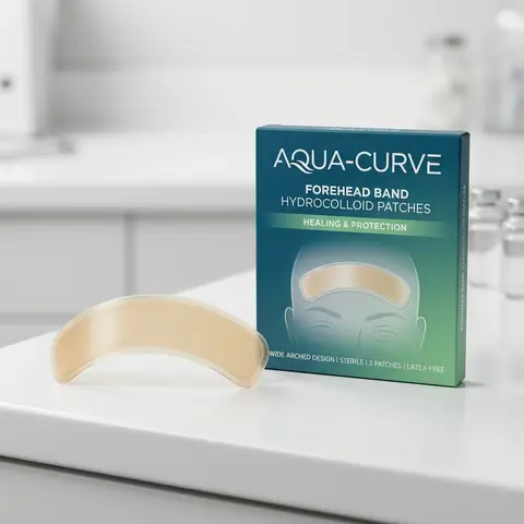 Illustration of a curved forehead pimple patch beside its box.