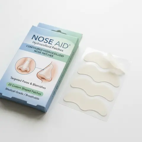 Illustration of contoured nose pimple patches next to a box.