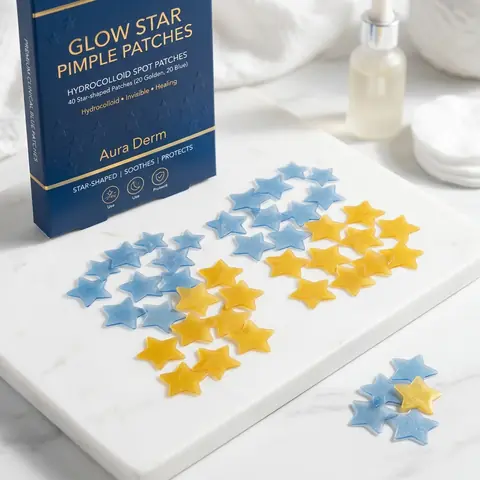 Illustration of star-shaped colored pimple patches on a marble surface.