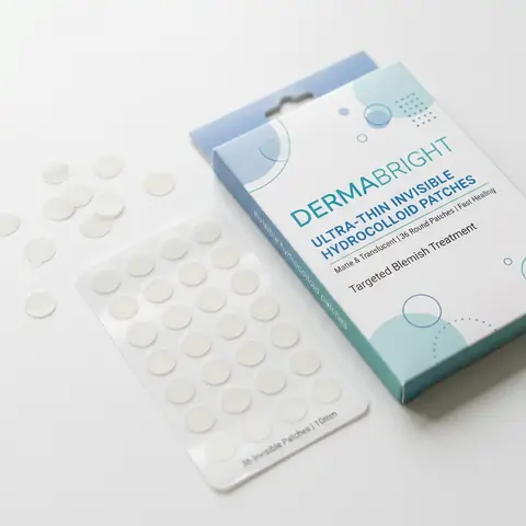 Illustration of a thin, clear daytime pimple patch pack with small round patches.