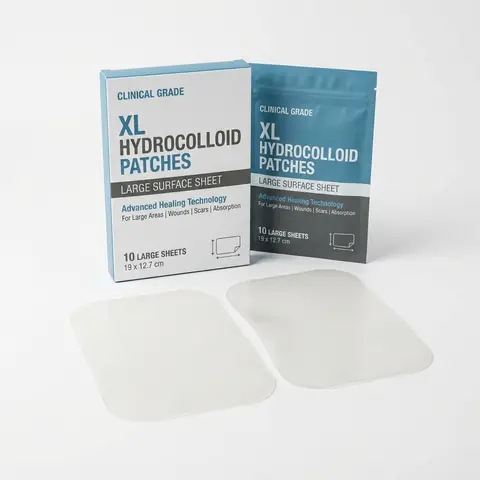 Illustration of extra large hydrocolloid patch sheets with a pack.